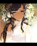  black_hair blue_eyes closed_mouth flower hair_ornament kokage_no_shita letterboxed lily_(flower) long_hair looking_at_viewer original pom_pom_(clothes) smile solo upper_body white_flower 