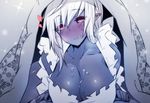  :q apron black_sclera blue_skin blush breasts cleavage collarbone commentary_request heart heavy_breathing huge_breasts inayama licking_lips long_hair maid_apron naked_apron pointy_ears purple_eyes smile solo suggestive_fluid tongue tongue_out under_covers white_hair 