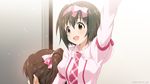  :d ahoge black_hair brown_eyes brown_hair hairband idolmaster idolmaster_cinderella_girls kohinata_miho long_hair mizuki_makoto multiple_girls open_mouth pink_check_school pink_hairband shimamura_uzuki short_hair side_ponytail smile solo_focus sparkle 