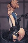  anus anus_peek armlet ass back bare_shoulders bee_(deadflow) belt black_gloves blonde_hair blue_eyes blush censored commentary_request fingerless_gloves from_behind gloves goggles goggles_on_head granblue_fantasy looking_back open_mouth pengy_(granblue_fantasy) pussy_peek short_hair short_twintails shorts shorts_aside solo sweat twintails 