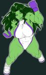  black_background breasts clenched_hands covered_navel fingerless_gloves flat_color full_body gloves green_eyes green_hair green_skin grin groin halterneck highleg highleg_leotard jennifer_walters large_breasts legs_apart leotard long_hair looking_at_viewer looking_up marvel muscle muscular_female outline purple_gloves raised_fist she-hulk shoes shouji_nigou sideboob simple_background smile solo standing superhero thick_thighs thighs turtleneck 