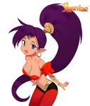  bandeau bare_shoulders blue_eyes breasts chagoon cleavage dark_skin detached_sleeves earrings harem_pants hoop_earrings jewelry large_breasts long_hair midriff navel pants pointy_ears ponytail purple_hair shantae_(character) shantae_(series) smile solo tiara vambraces very_long_hair 