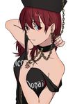  arm_up bare_shoulders breasts chain clothes_writing collar collarbone commentary_request hat hecatia_lapislazuli looking_at_viewer medium_breasts off_shoulder oppai_oppai polos_crown red_eyes red_hair shirt solo touhou toujou_(toujou_ramen) upper_body 