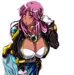  ariel_org breasts cleavage dark_skin gloves jacket large_breasts long_hair pink_eyes pink_hair simple_background solo super_robot_wars wakamoto_ero_mondo_tadao white_background 