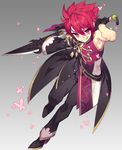  asymmetrical_clothes belt black_footwear black_gloves black_pants bug butterfly elsword elsword_(character) full_body gloves grey_background grin insect male_focus messy_hair pants pika_(kai9464) red_eyes red_hair shoes smile solo sword weapon 