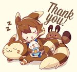  :&lt;&gt; :3 animal_costume beige_background blush_stickers brown_hair closed_eyes cosplay diamond_mouth drooling english furret furret_(cosplay) gen_2_pokemon gen_5_pokemon hood kigurumi leaning_back long_sleeves looking_at_another male_focus oshawott paw_print pokemon pokemon_(creature) pokemon_(game) pokemon_bw sentret short_hair simple_background sitting sleeping stitches thank_you touya_(pokemon) welchino zzz 