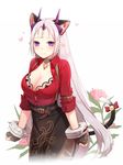  animal_ears artist_name belt blush breasts cat_ears cat_tail cleavage closers collar fingerless_gloves flower gloves heart large_breasts levia_(closers) long_hair looking_at_viewer millgua ofuda pointy_ears purple_eyes side_slit silver_hair skirt solo tail very_long_hair 