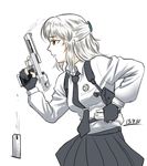  black_gloves breasts brown_eyes desert_eagle from_side gloves gun half_updo handgun holster locked_slide long_hair magazine_(weapon) necktie original partly_fingerless_gloves pistol reloading shirt shoulder_holster silver_hair skirt small_breasts solo taikyokuturugi tie_clip trigger_discipline weapon 