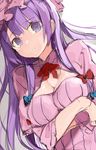 bad_id bad_pixiv_id blush bow breast_rest breasts capelet cleavage_cutout colorized dutch_angle hair_bow hair_ornament hat highres kayahara long_hair long_sleeves looking_at_viewer medium_breasts mob_cap parted_lips patchouli_knowledge purple_eyes purple_hair sketch solo tears touhou 