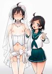  1girl ahoge bridal_veil brother_and_sister commentary_request cr-r crossdressing elbow_gloves garter_belt gloves hikigaya_hachiman hikigaya_komachi panties sanpaku school_uniform serafuku short_hair siblings thighhighs underwear v veil yahari_ore_no_seishun_lovecome_wa_machigatteiru. 