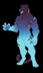  2018 4_toes 5_fingers anthro barefoot biped black_background black_fur black_tail blue_eyes blue_fur cheek_tuft claws digital_media_(artwork) digitigrade fangs featureless_crotch felid front_view full-length_portrait fur grey_nose hi_res looking_at_viewer male mammal multicolored_tail naturally_censored nude open_mouth pantherine portrait pyxis ravenouscannibal simple_background solo standing striped_fur stripes teeth tiger toes tongue tuft white_claws 