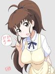  apron blush bowieknife breasts brown_eyes brown_hair commentary_request frills grey_background jpeg_artifacts large_breasts long_hair looking_at_viewer open_mouth pointing ponytail ribbon signature simple_background solo speech_bubble taneshima_popura translated waitress working!! 