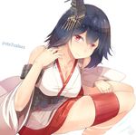  black_hair breasts cleavage detached_sleeves hair_ornament jewelry kantai_collection large_breasts leaning_forward looking_at_viewer nontraditional_miko red_eyes ring short_hair simple_background smile solo sts wedding_band white_background yamashiro_(kantai_collection) 