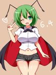  ;d antennae bad_id bad_pixiv_id blush breasts cape cutoffs green_eyes green_hair haniwagi_(hal) heart large_breasts looking_at_viewer navel one_eye_closed open_mouth short_hair short_shorts shorts simple_background smile solo thighs touhou w wriggle_nightbug 