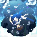  brown_hair bubble earth_eleven fish inazuma_eleven_(series) inazuma_eleven_go inazuma_eleven_go_galaxy male_focus matsukaze_tenma no_shoes petagon seaweed soccer_uniform socks solo sportswear underwater upside-down 