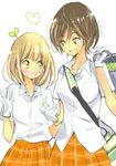  :d asagao_to_kase-san bag blonde_hair blush bob_cut brown_hair bucket gloves heart kase_tomoka looking_at_another multiple_girls official_art open_mouth plaid plaid_skirt plant_on_head school_uniform shirt short_hair shoulder_bag skirt smile takashima_hiromi white_gloves white_shirt yamada_yui 