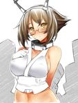  bare_shoulders bespectacled blush breasts brown_hair glasses gloves hairband headgear inayama kantai_collection large_breasts looking_at_viewer midriff mutsu_(kantai_collection) navel short_hair solo upper_body white_gloves yellow_eyes 