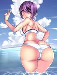  ass back bad_id bad_pixiv_id beeyan bikini blue_sky blush breasts cloud day eyepatch from_behind highres kantai_collection large_breasts looking_at_viewer looking_back outdoors plump purple_hair short_hair sideboob sky smile solo swimsuit tenryuu_(kantai_collection) thick_thighs thighs v wading white_bikini wide_hips yellow_eyes 