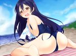  ass beach black_hair blush brown_eyes competition_school_swimsuit day from_behind long_hair love_live! love_live!_school_idol_project mikimo_nezumi one-piece_swimsuit open_mouth school_swimsuit sitting solo sonoda_umi swimsuit towel wariza 