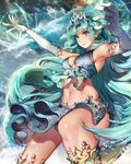  aqua armlet blue_eyes breasts caesty character_request elbow_gloves gloves green_hair lips long_hair magic medium_breasts midriff navel nose sideboob skirt smile solo tenkuu_no_crystalia tiara very_long_hair water waves white_gloves 