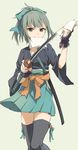  bad_id bad_pixiv_id bangs bow gloves green_skirt hair_bow highres japanese_clothes kantai_collection kisetsu pleated_skirt ponytail skirt solo sword weapon yuubari_(kantai_collection) 