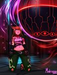  1girl animal_ears bare_shoulders boots breasts brown_hair cat_ears elbow_gloves final_fantasy final_fantasy_xiv fingerless_gloves gloves highres hypnosis jewelry kneeling long_hair lowleg lowleg_pants midriff mind_control miqo&#039;te miqo'te multiple_belts navel necklace neon_trim nitrotitan orb original pants parted_lips pearl_necklace single_strap solo tank_top tattoo toeless_boots toes wide_hips 