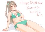  2015 arm_support artist_name bikini breasts brown_eyes brown_hair cleavage dated finger_to_mouth green_bikini ha-ru hair_ribbon happy_birthday large_breasts long_hair love_live! love_live!_school_idol_project minami_kotori navel one_side_up ribbon sitting solo swimsuit 