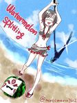  1girl beach blindfold blush moromoimaru ruby_rose rwby sandles scythe short_hair sky solo swimsuit watermelon 