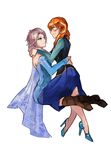  absurdres anna_(frozen) blonde_hair blush couple elsa_(frozen) eye_contact frozen_(disney) hands_on_shoulders high_heels highres hug incest looking_at_another m_yin multiple_girls orange_hair siblings simple_background sisters sitting sitting_on_lap sitting_on_person smirk straddling white_background yuri 