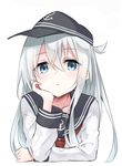  anchor_symbol arm_support azuuru blue_eyes blush commentary_request hand_on_own_cheek hat hibiki_(kantai_collection) highres kantai_collection long_hair looking_at_viewer school_uniform serafuku silver_hair solo upper_body white_background 