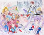 4boys asbel_lhant blonde_hair blue_eyes blue_hair blue_shirt brooch brown_eyes brown_hair cheria_barnes coat cravat flower glasses gloves hubert_ozwell inomata_mutsumi jewelry long_hair malik_caesars multicolored_hair multiple_boys multiple_girls official_art pascal pink_hair purple_eyes purple_hair red_hair richard_(tales) scarf serious shirt short_hair smile sophie_(tales) sword tales_of_(series) tales_of_graces twintails two-tone_hair two_side_up weapon white_hair 