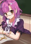  absurdres ahoge bad_id bad_pixiv_id bespectacled chalkboard cross cross_necklace crossed_arms desk gakkou_gurashi! glasses highres jewelry looking_at_viewer necklace paper pink_hair purutabu ribbon sakura_megumi solo teacher yellow_eyes 