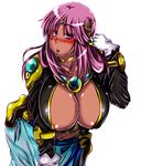  areola_slip areolae ariel_org blush breasts cleavage dark_skin gloves jacket large_breasts long_hair pink_eyes pink_hair simple_background solo super_robot_wars wakamoto_ero_mondo_tadao white_background 