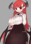  amii bad_id bad_pixiv_id black_skirt blush breasts demon_wings eyebrows frown head_wings high-waist_skirt huge_breasts koakuma long_hair low_wings plump pointy_ears red_eyes red_hair sketch skirt solo thick_eyebrows touhou wavy_mouth wings 