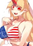  american_flag_bikini bikini blonde_hair breasts colorized fang flag_print horn hoshiguma_yuugi huge_breasts long_hair looking_at_viewer open_mouth pointy_ears red_eyes sayakata_katsumi simple_background sketch slit_pupils smile solo star striped sweat swimsuit touhou white_background wrist_cuffs 