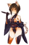  animal_ears arm_behind_back bare_shoulders blush breasts brown_hair contrapposto covered_navel cropped_legs elbow_gloves expressionless gloves highleg highleg_leotard highres holding japanese_clothes kimono knife leotard obi off_shoulder oota_yuuichi orange_eyes original sash short_hair short_kimono simple_background skin_tight small_breasts solo standing striped_tail tail tail_ring thighhighs white_background 