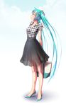  aqua_hair arms_behind_back bag blue_eyes collarbone full_body gradient gradient_background hatsune_miku high_heels highres holding holding_bag jewelry long_hair looking_up necklace no_socks plaid plaid_shirt profile see-through shirt short_sleeves skirt solo standing toe_cleavage twintails very_long_hair vocaloid wokada 