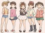  azuki-chan black_hair blue_skirt blush brown_hair cardcaptor_sakura commentary denim denim_shorts doraemon full_body green_eyes hat high_ponytail kasumi_(pokemon) kinomoto_sakura kodama_fumika looking_at_viewer mary_janes midriff minamoto_shizuka multiple_girls navel noyama_azusa open_mouth pigeon-toed pleated_skirt pokemon pokemon_(anime) pokemon_(classic_anime) school_uniform sekihan serafuku shoes short_hair shorts side_ponytail skirt smile standing suspenders tomoeda_elementary_school_uniform trait_connection twintails white_hat white_skirt youkai_watch 