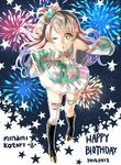  ;o breasts chorin_(yl) cleavage detached_sleeves fireworks grey_hair happy_birthday highres long_hair love_live! love_live!_school_idol_project minami_kotori one_eye_closed small_breasts solo star yellow_eyes 
