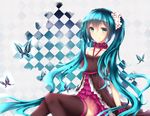  aqua_eyes aqua_hair bare_shoulders black_legwear bug butterfly closed_mouth collarbone flower hair_ornament hairband hatsune_miku highres insect long_hair looking_at_viewer sitting smile solo thighhighs twintails vocaloid wsman zettai_ryouiki 