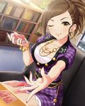  alternate_costume artist_request bracelet braid breasts brown_eyes brown_hair card cleavage earrings hyoudou_rena idolmaster idolmaster_cinderella_girls jewelry large_breasts nail_polish official_art one_eye_closed pink_nails playing_card ponytail ring short_hair solo 