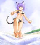  animal_ears barefoot bastet_lore bikini black_bikini breasts cat_ears cat_tail emil_chronicle_online from_below kasuga_yukihito navel purple_hair short_hair side-tie_bikini small_breasts solo splashing swimsuit tail toes wading yellow_eyes 