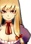  blonde_hair blush bow breasts choker cleavage hair_bow hair_ornament large_breasts long_hair looking_at_viewer puffy_sleeves red_eyes ribbon_choker sayakata_katsumi simple_background smile solo touhou upper_body white_background yakumo_yukari 