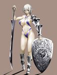  armor armored_boots asymmetrical_clothes bikini_armor boots breasts contrapposto gauntlets grey_eyes grey_hair groin high_heel_boots high_heels metal_akira navel pale_skin shield short_hair slingshot_swimsuit solo standing swimsuit sword two-handed_sword weapon 