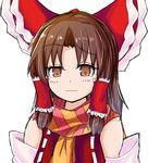  ascot bad_id bad_twitter_id benikurage blush bow brown_eyes brown_hair close-up commentary cookie_(touhou) detached_sleeves hair_bow hair_ribbon hair_tubes hakurei_reimu long_hair nnns ribbon scarf simple_background solo touhou white_background 