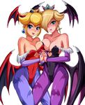  2girls alternate_hairstyle blonde_hair blue_eyes breasts edit hand_holding heart_cutout jewelry large_breasts midriff multiple_girls nail_polish navel photoshop princess_peach rosalina_(mario) sigurdhosenfeld simple_background smile tagme wings 