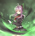  ahoge belt black_bow bow braid closed_mouth gloves hair_bow highres hiiragi_shinoa holding holding_weapon long_hair long_sleeves looking_at_viewer owari_no_seraph purple_eyes purple_hair scythe smile solo weapon white_gloves wsman 