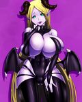  aqua_eyes black_legwear blonde_hair breasts cleavage demon_girl elbow_gloves fat_mons finger_in_mouth gloves green_eyes horns huge_breasts kemurin long_hair looking_at_viewer low_wings naughty_face pointy_ears purple_background purple_skin skindentation solo succubus thighhighs very_long_hair wings 