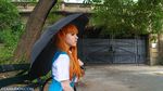  cosplay knee_socks lana_rain neon_genesis_evangelion orange_hair outdoors photo school_uniform serafuku soryu_asuka_langley umbrella 