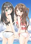  :d ass bikini black_bikini black_hair brown_eyes brown_hair from_behind green_eyes holding_hands idolmaster idolmaster_cinderella_girls itachi_maki layered_bikini long_hair looking_back multiple_girls one_side_up open_mouth shibuya_rin shimamura_uzuki side-tie_bikini smile swimsuit wrist_grab 